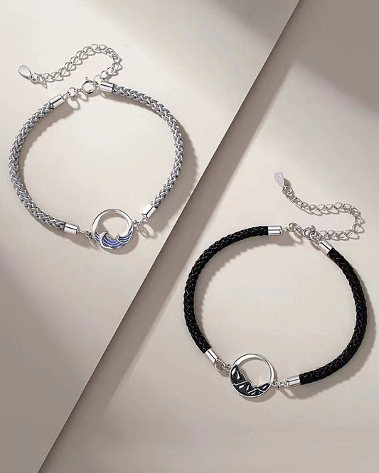 tartoow Couple Bracelets for Women Men Mountain and Wave Matching Bracelets Adjustable Braided Rope Silver Charm Jewelry Gift for Him Her SL03
