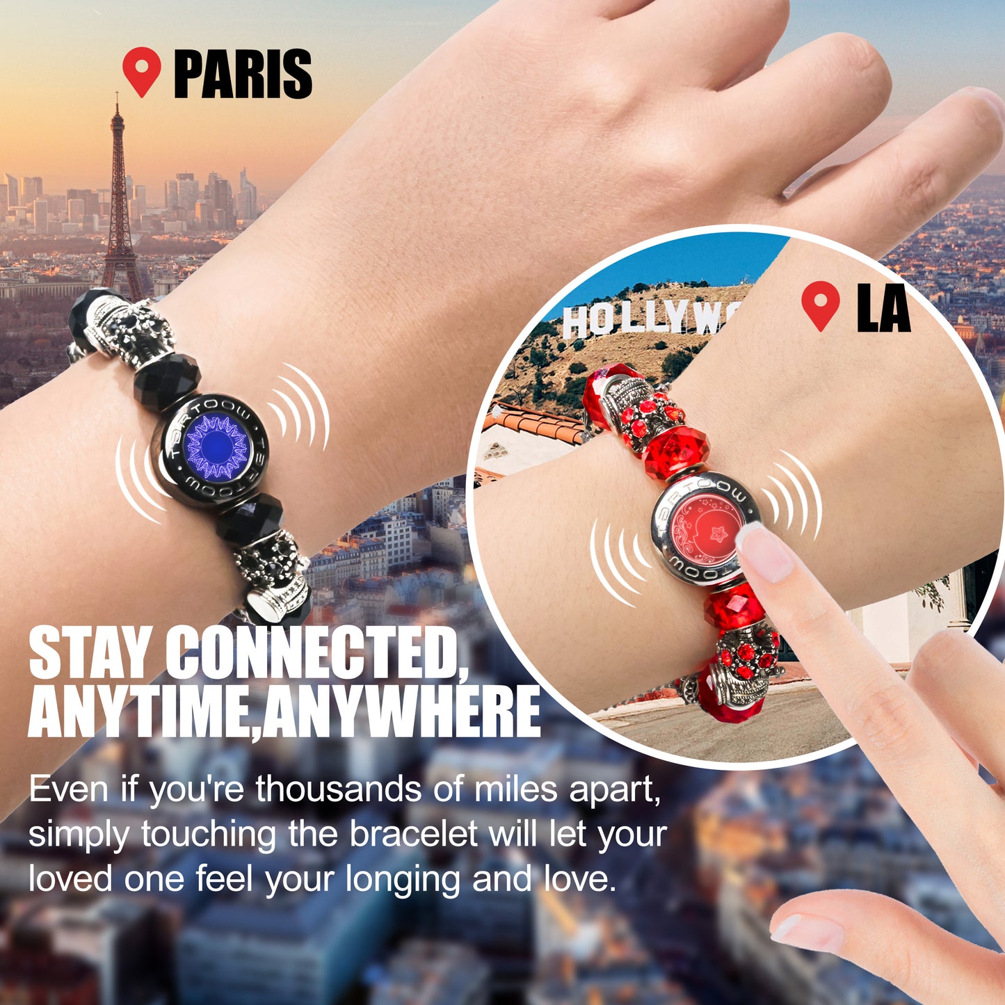 tartoow Touch Vibration Bracelets Long Distance Relationship Tap Love Bracelets for Couples Gifts for Girlfriend Boyfriend Bluetooth Z001 Black S Gold M